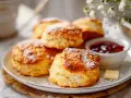 Nybakade scones med sylt och smör. Perfekt att baka enkelt till fikat.
