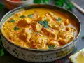 En krämig kyckling curry i en skål, garnerad med färsk persilja och en citronklyfta.