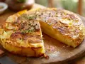 En gyllene spansk omelett med potatis och lök, toppad med färska örter, skuren och redo att serveras.