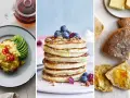 Frukost tips: Äggröra med chili och avokado, fluffiga pannkakor med bär och nötter, samt nybakat bröd med smör och marmelad.