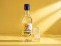 En flaska Explorer Citron vodka bredvid ett glas med en lemon drops shot, garnerad med citronskiva och saltkant.