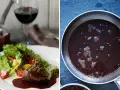 En saftig biff med rödvinssås och sallad. En annan panna visar en mörk sås som bubblar. Tänk om man kunde njuta av vin i maten när man är gravid!
