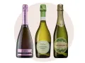 Tre flaskor mousserande vin: en rosa Cava, en grön Prosecco och en guldig ekologisk Brut. Perfekt vin till stifado!