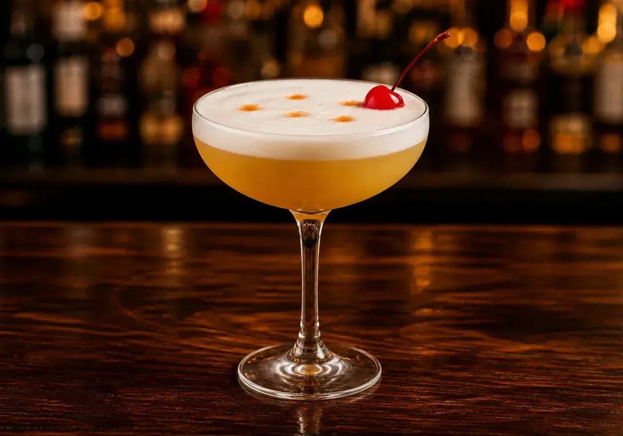 En perfekt amaretto sour med skummig topp och körsbär, redo att avnjutas vid en mörk bardisk.