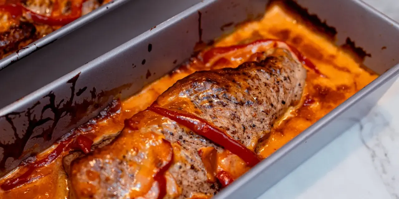 Saftig ytterfile i sockerkaksform, bakad med paprika i en krämig sås.