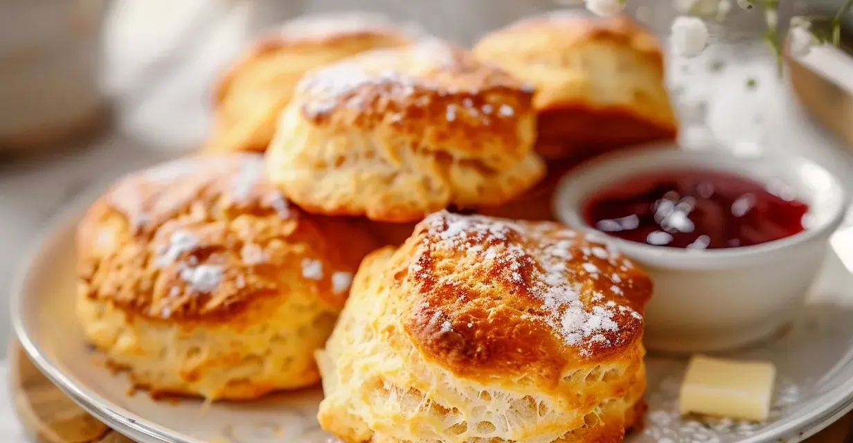Nybakade scones med sylt och smör. Perfekt att baka enkelt till fikat.