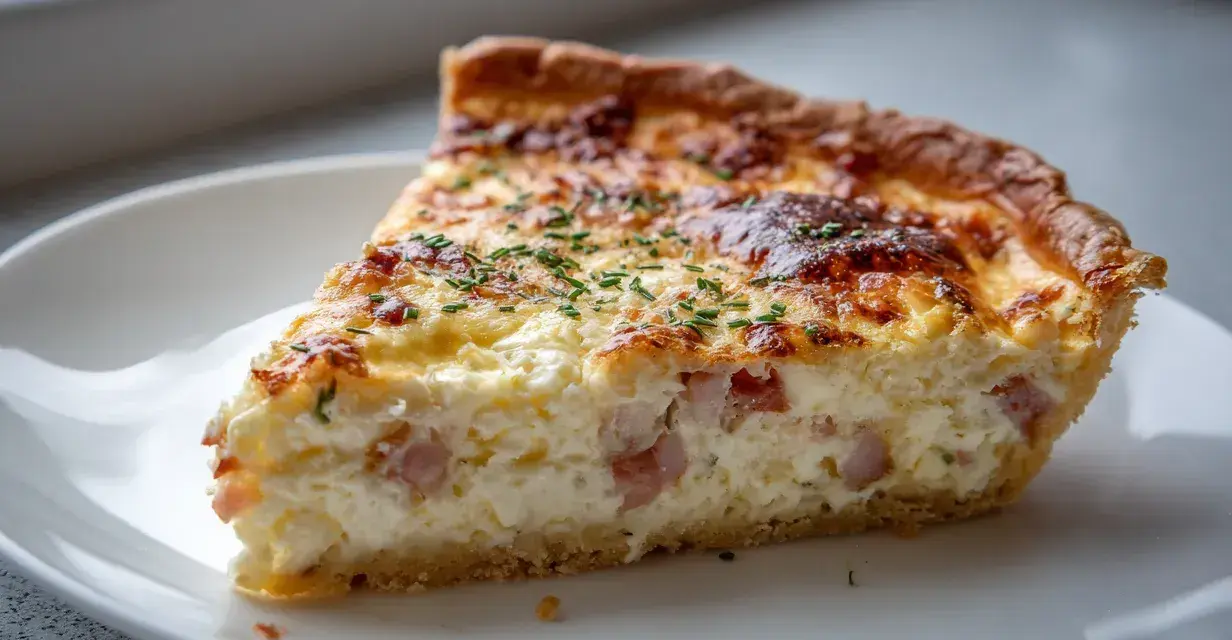 En bit ost och skinkpaj med gyllene skorpa och krämig fyllning, perfekt för ett enkelt recept.