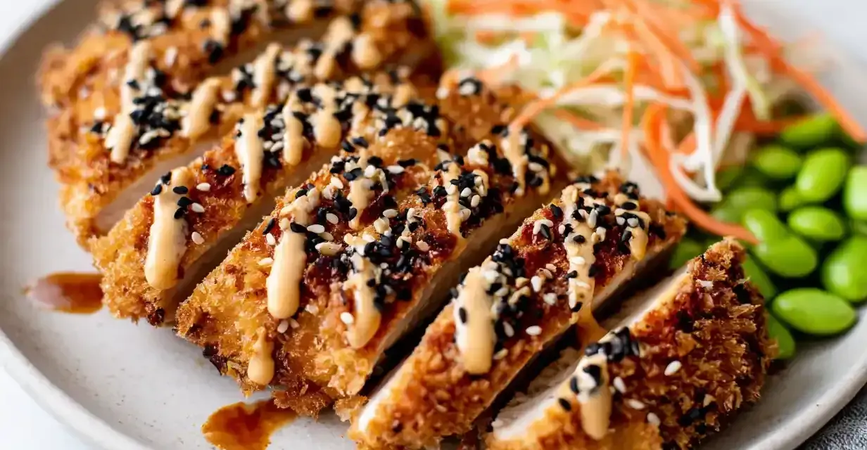 Krispigt kyckling katsu recept med sesamfrön, strimlad kål, morötter och edamamebönor.