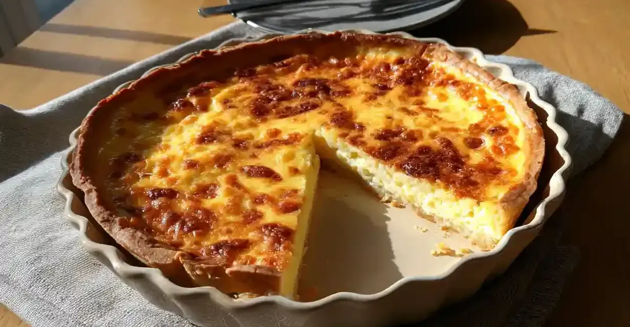 En gyllene ostpaj med en skiva borttagen, perfekt för ett enkelt ostpaj recept.