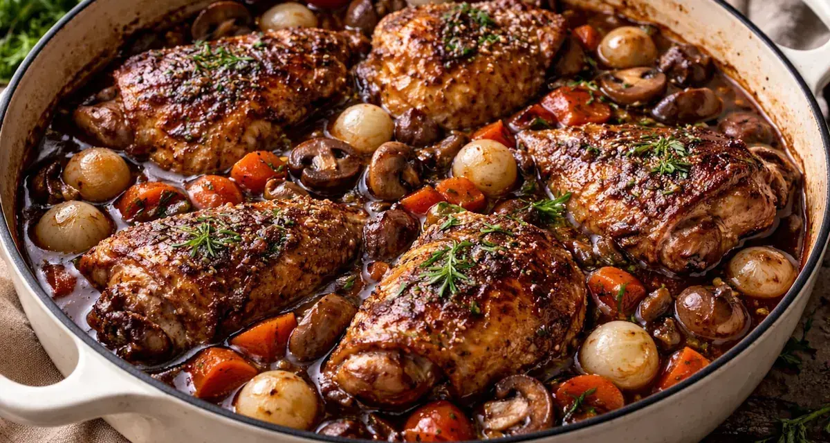 En mustig gryta med kycklinglår, champinjoner, små lökar och morötter i en mörk sås. En klassisk coq au vin som ser otroligt god ut.