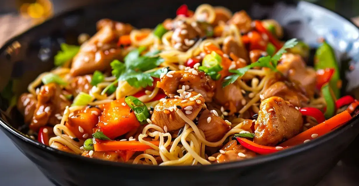 En läcker kycklingwok med nudlar och grönsaker, toppad med sesamfrön och färsk koriander. En perfekt måltid för en snabb och smakrik middag.