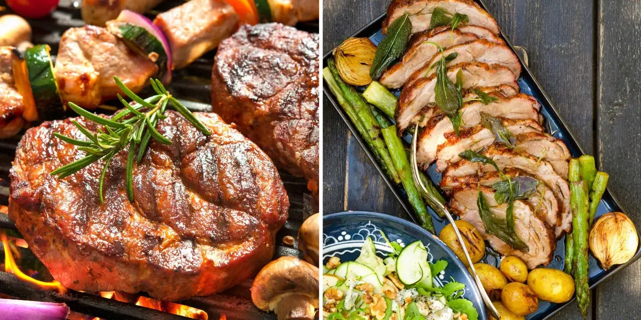 Grillad kotlett med perfekt temperatur, serverad med rostade grönsaker och en fräsch sallad.