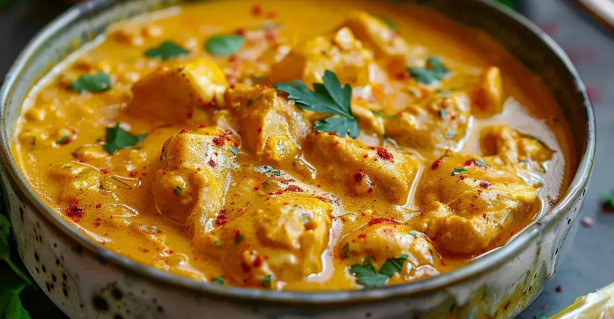 En krämig kyckling curry i en skål, garnerad med färsk persilja och en citronklyfta.
