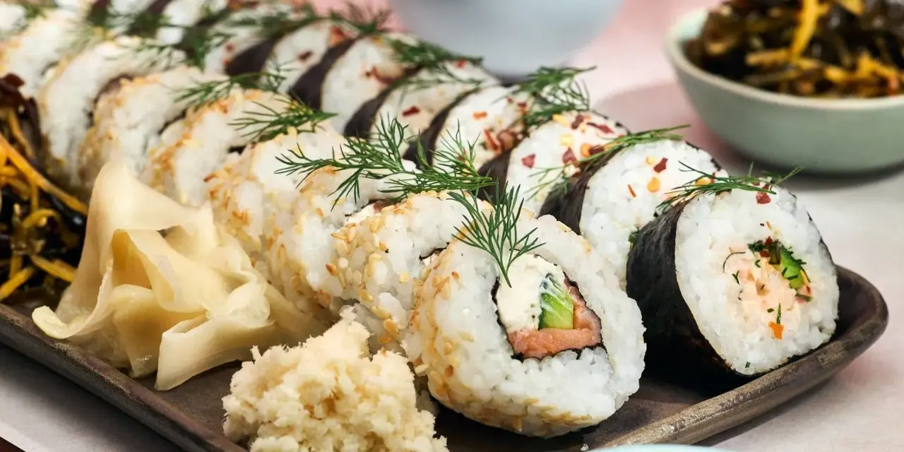 Välsmakande hemmagjord sushi med lax, gurka och krämig fyllning, garnerad med dill och sesamfrön. Serveras med ingefära och wasabi.