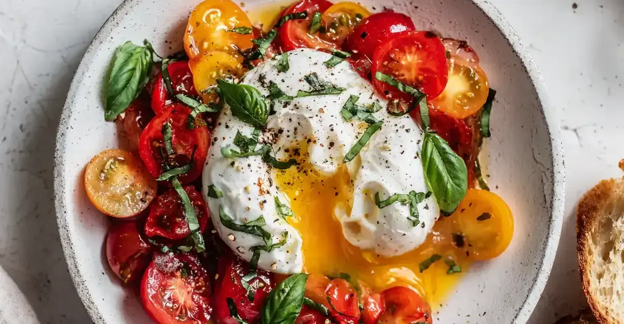 En krämig burrata med färgglada tomater och färsk basilika, en perfekt sommarrätt.