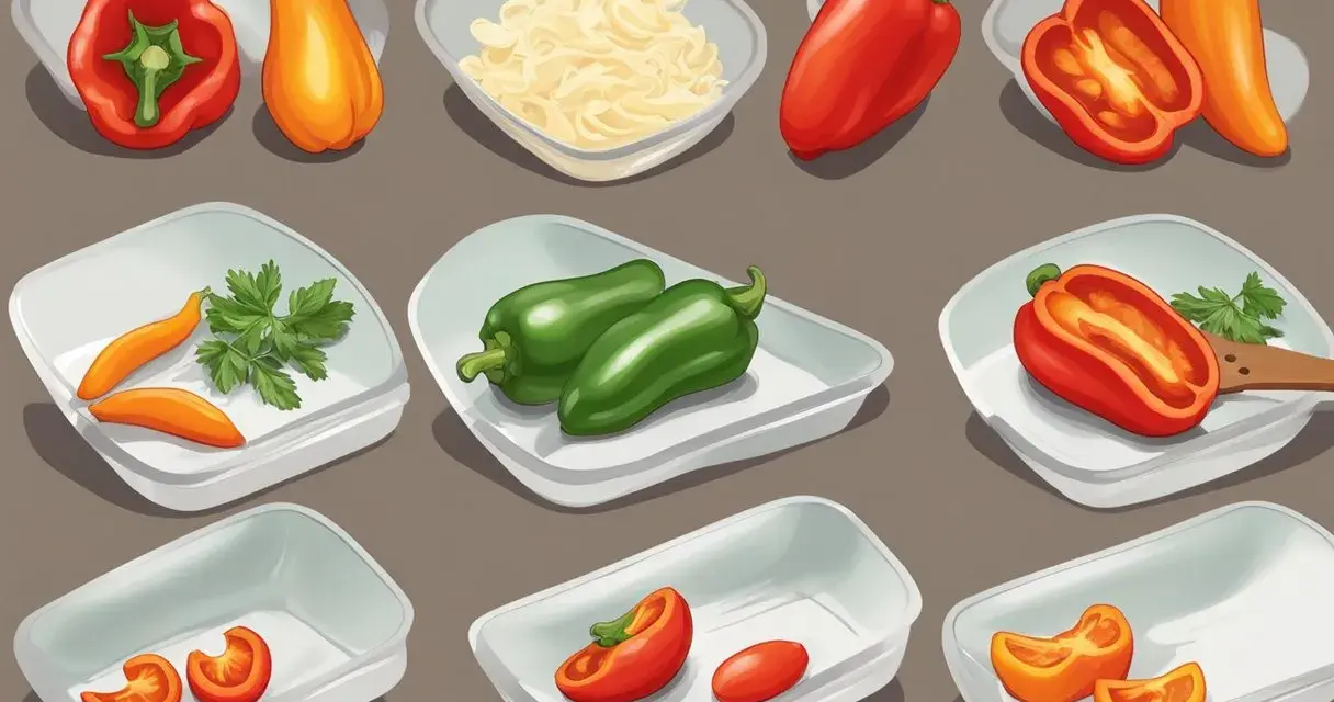 Förberedelser för att frysa paprika: hela och halverade paprikor i olika färger, samt lite strimlad ost och persilja.
