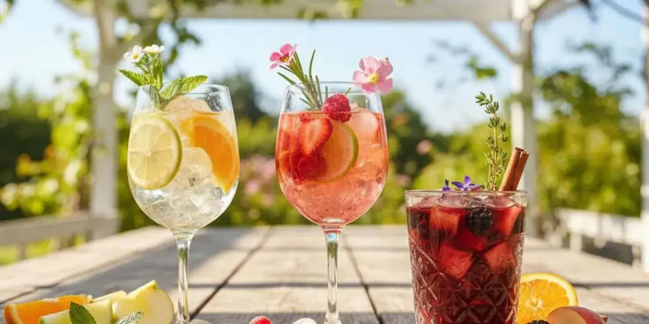 Tre färgglada sangrior med frukt och mynta på ett träbord utomhus. Perfekt för ett enkelt sangria recept.