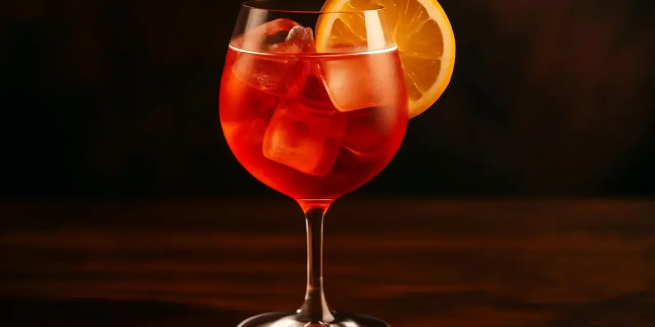 Ett glas Campari Spritz med is och apelsinskiva, perfekt för en solig eftermiddag.