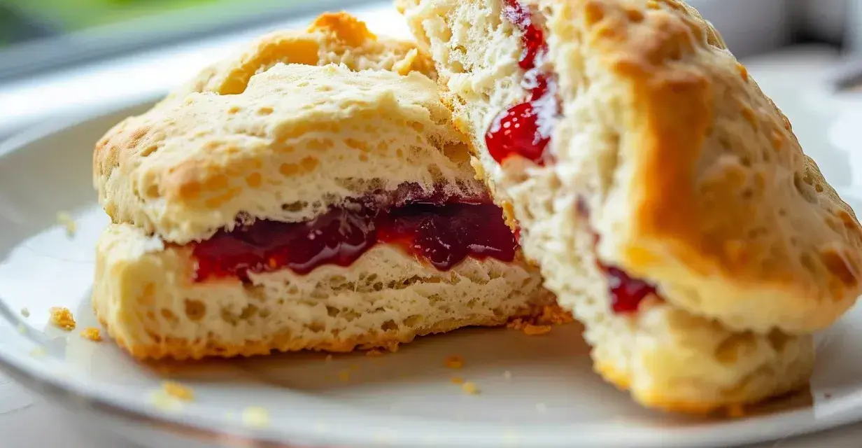 Två fluffiga glutenfria scones med sylt på en vit tallrik. Perfekt för fikat!