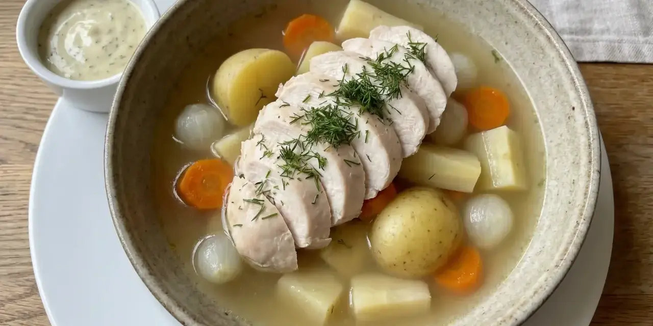 Varm kycklingsoppa med potatis, morötter och lök. Perfekt innertemp kyckling, toppad med dill. Serveras med en krämig sås.
