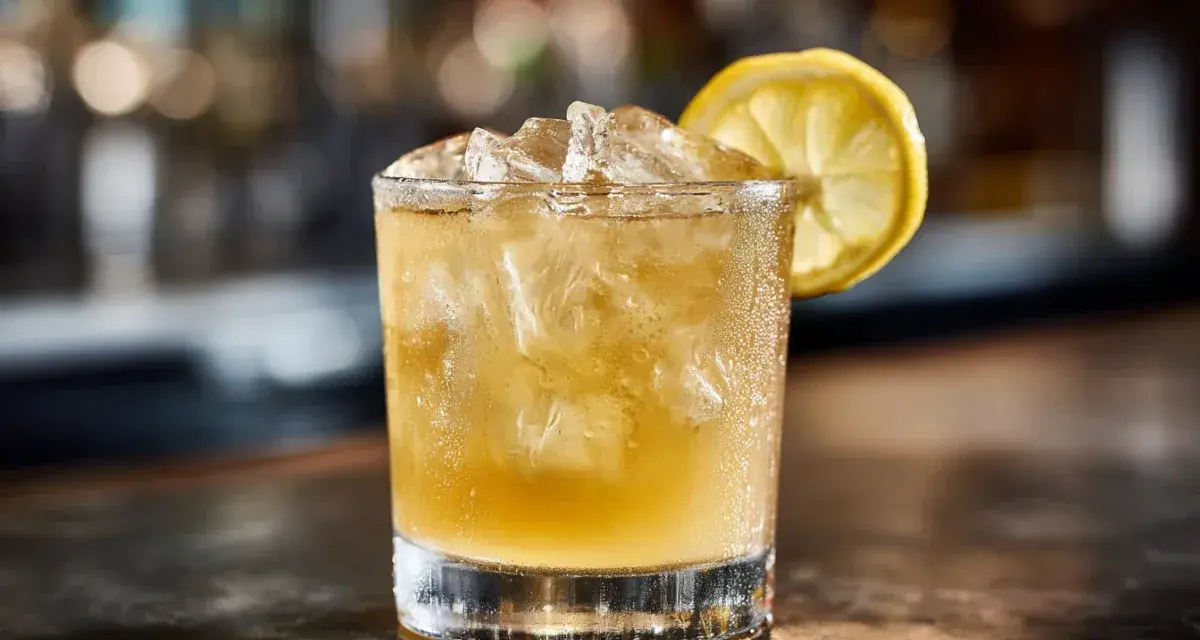 Ett glas med is och en citronskiva, en klassisk whiskey sour som väntar.