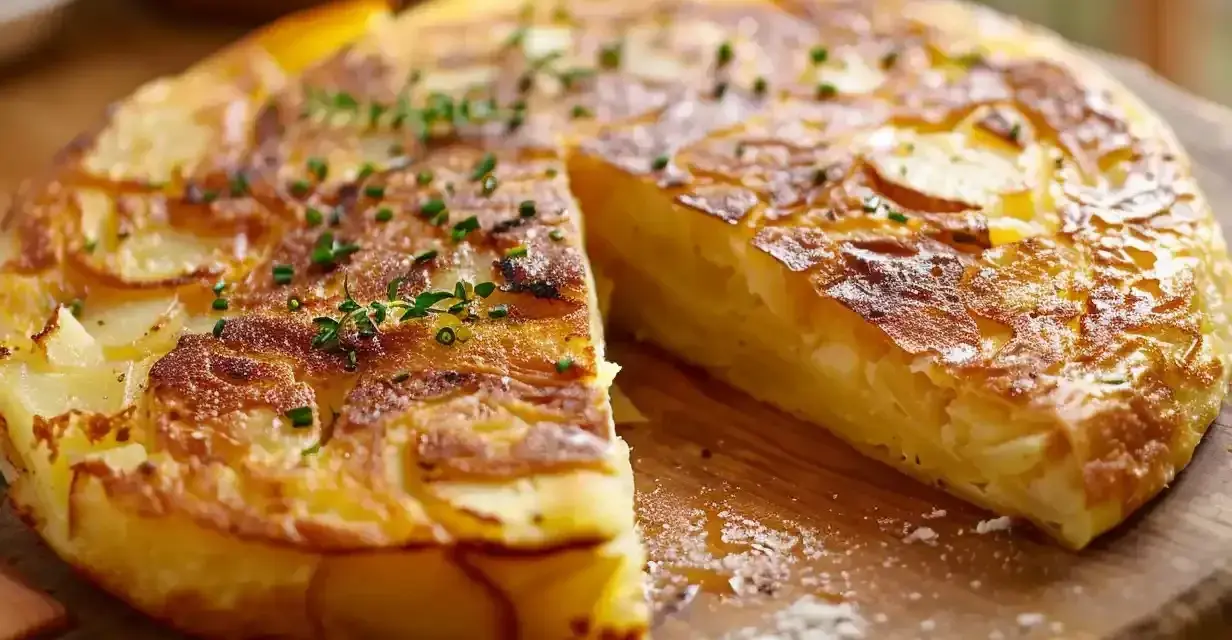 En gyllene spansk omelett med potatis och lök, toppad med färska örter, skuren och redo att serveras.