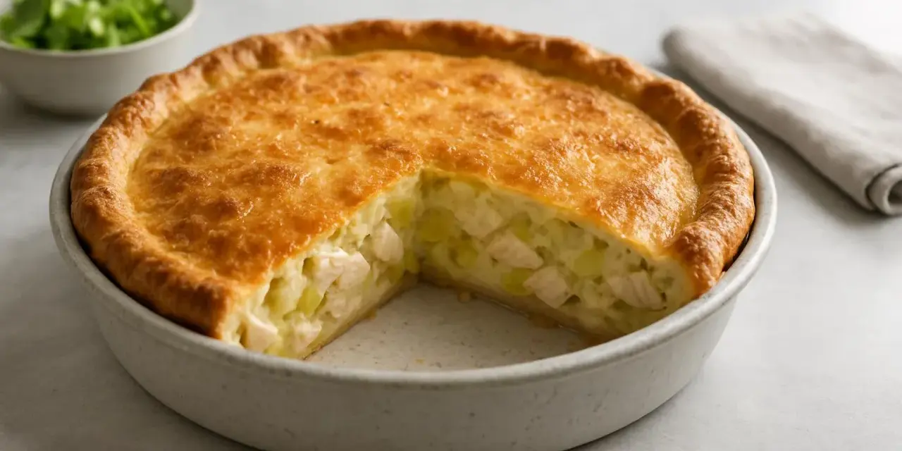 En gyllene kycklingpaj med en bit borttagen, som visar saftig kyckling och potatis. Ett perfekt kycklingpaj recept för middagen.