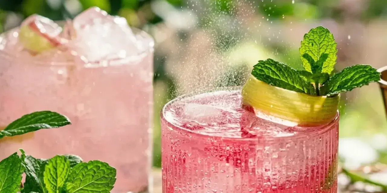 Två glas med rosa rabarbersaft utan att koka, is och mynta. Sprudlande och uppfriskande drycker för en varm sommardag.