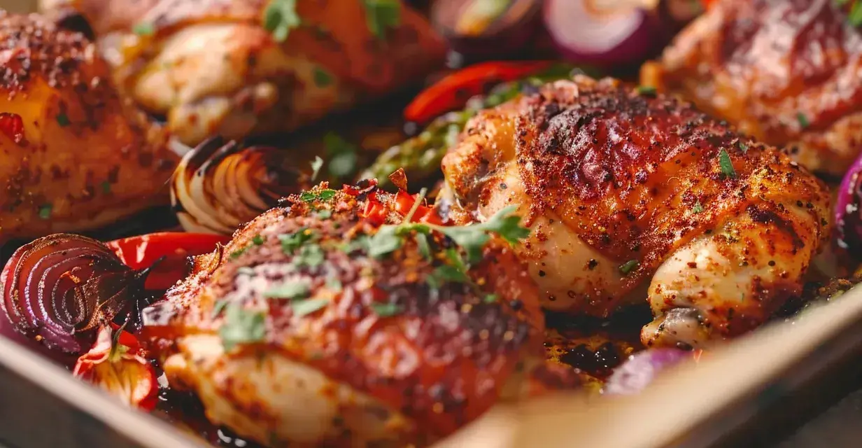 Ugnsbakad kyckling med krispigt skinn, kryddad med örter och serverad med rostade rödlökar och paprika. En härlig rätt att krydda kyckling med!