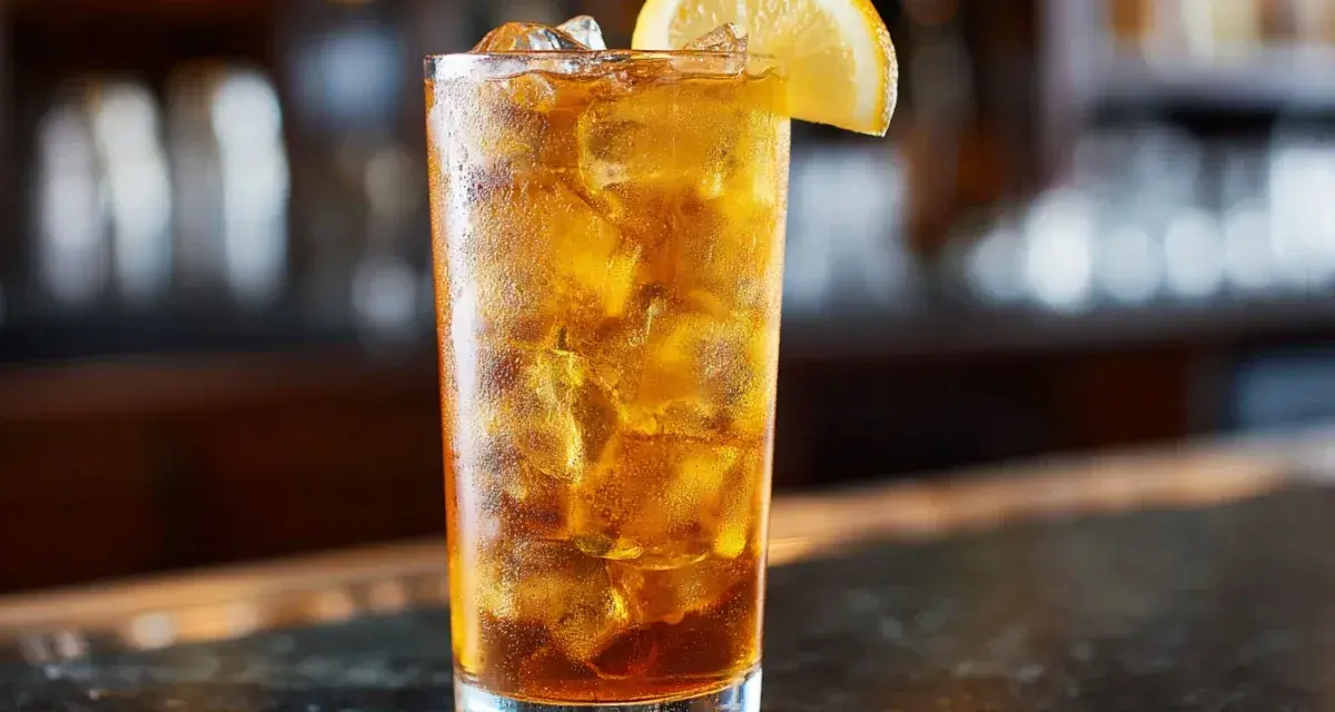 Ett glas med is och en citronskiva, en klassisk Long Island Iced Tea.