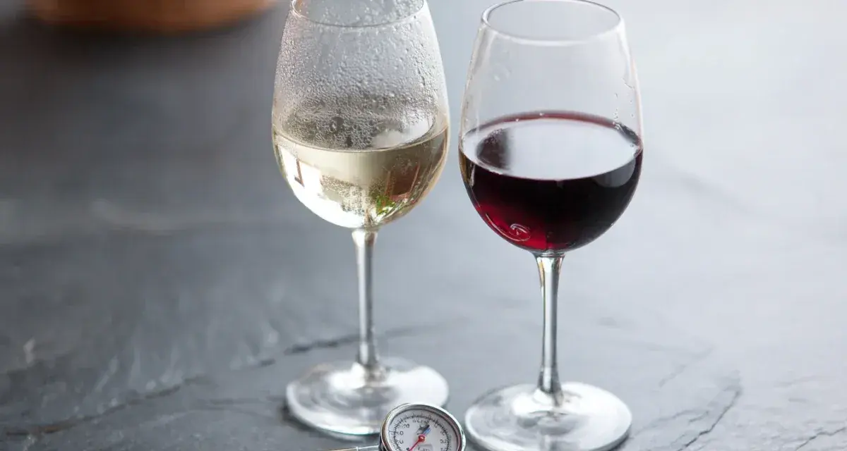 Två glas vin, ett vitt och ett rött, med en termometer bredvid. Perfekt vitt vin temperatur är viktigt för njutning.