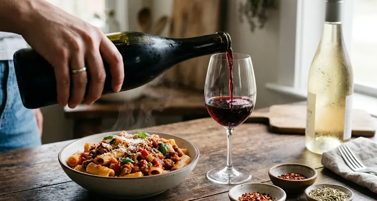 Rödvinet hälls upp i ett glas bredvid en skål med rykande salsicciapasta. Perfekt vin till salsiccia pasta.
