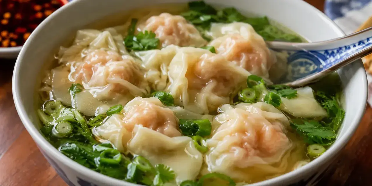 En skål med ångande dumplings i buljong, garnerad med färska örter och salladslök. En perfekt och värmande måltid.
