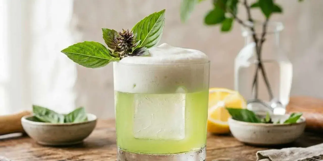 En uppfriskande thai basil drink med skummig topp, garnerad med färska basilikablad. En perfekt sommardrink.