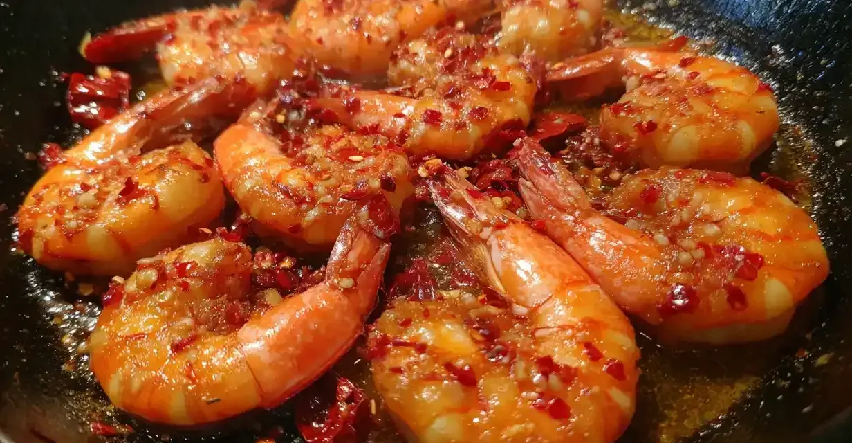Friterade räkor i en stekpanna med chili och vitlök. De ser saftiga och smakrika ut.