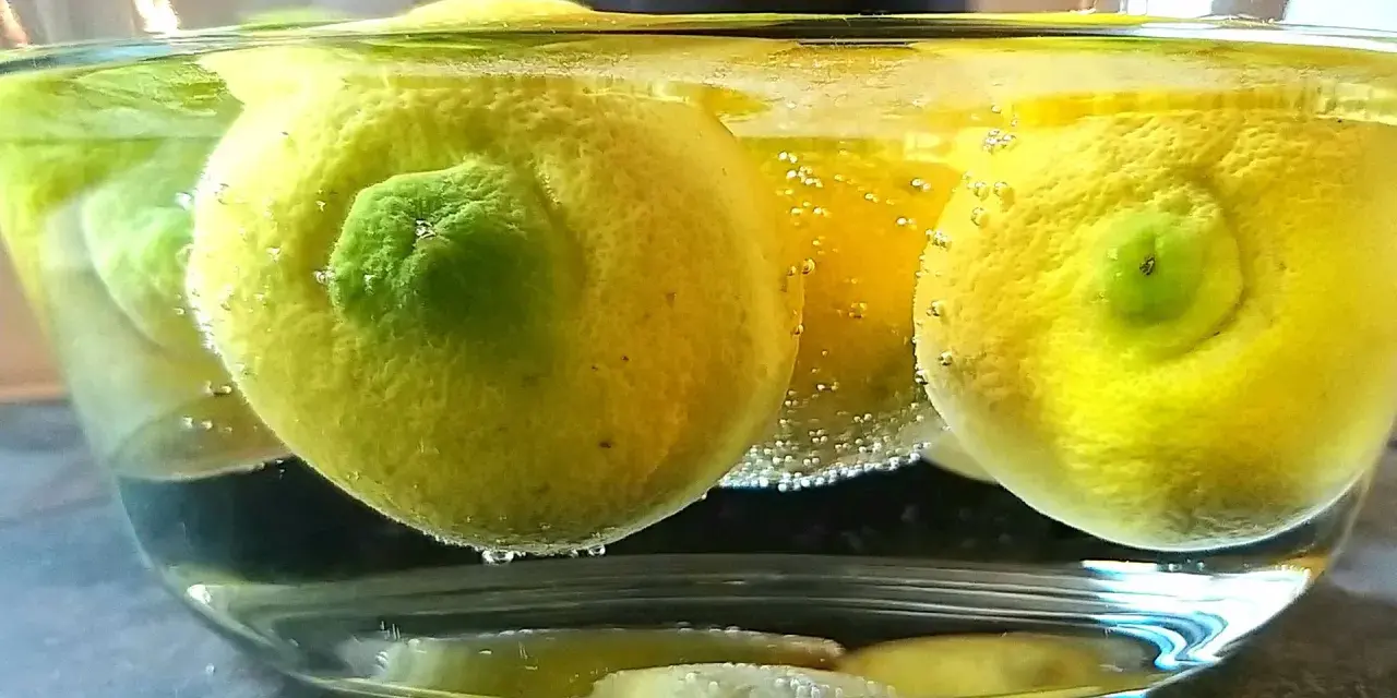 Citroner i en skål med bubblor, redo för ett limoncello recept.