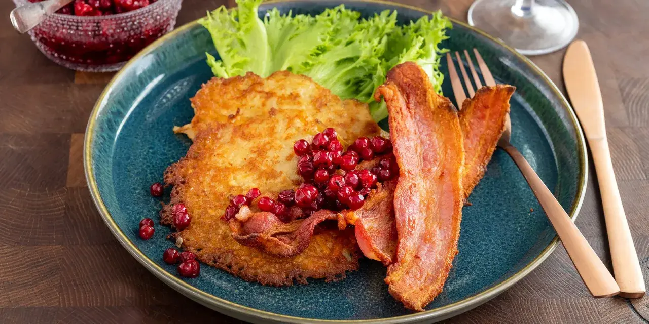 Raggmunk recept: Krispiga potatisplättar med stekt fläsk och lingon. En klassisk svensk rätt som är enkel att laga.