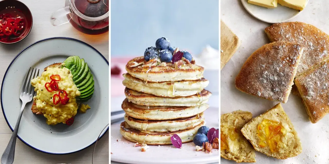 Frukost tips: Äggröra med chili och avokado, fluffiga pannkakor med bär och nötter, samt nybakat bröd med smör och marmelad.