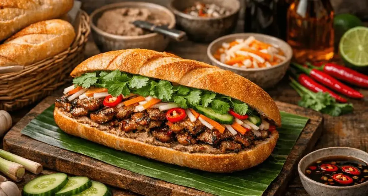 En saftig banh mi med grillat kött, färska grönsaker och örter. Perfekt för ett snabbt och smakrikt banh mi recept.