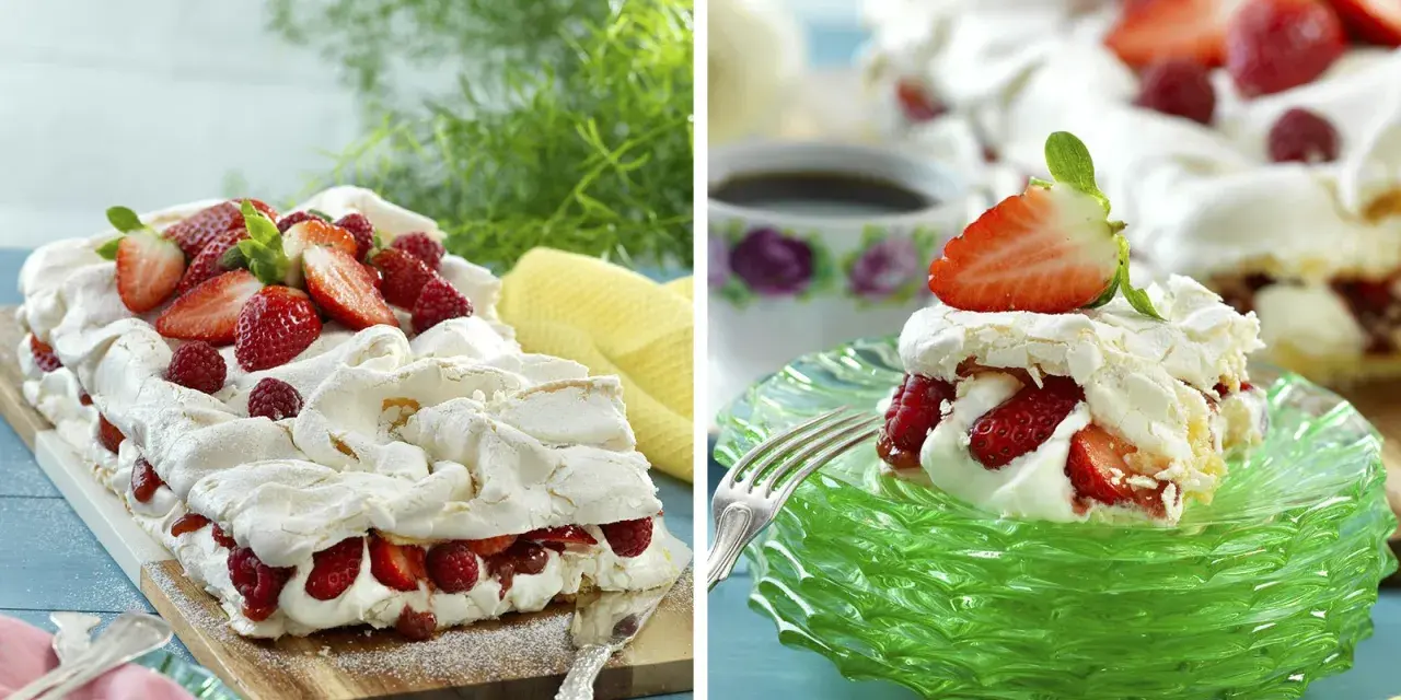 En stor pinocchiotårta i långpanna fylld med grädde och färska jordgubbar och hallon. En bit serveras på en grön tallrik.