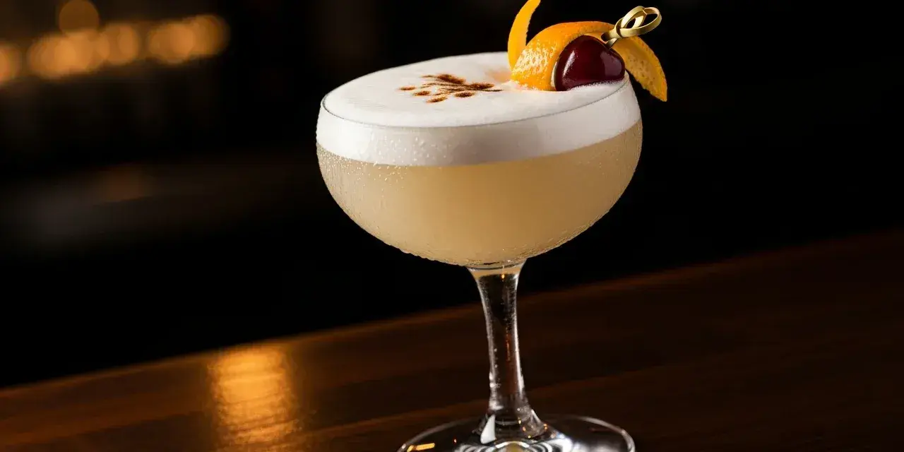 En perfekt vodka sour med fluffigt skum, garnerad med apelsinskal och körsbär.