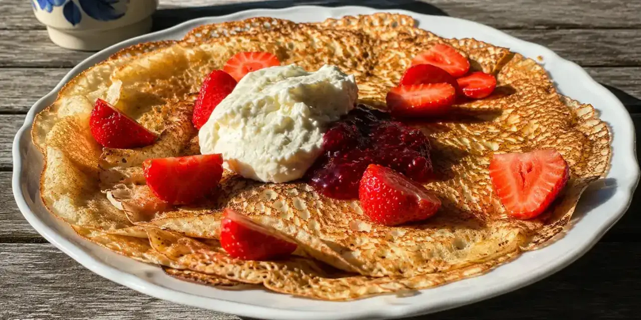 En stor pannkaka med vispad grädde, jordgubbar och sylt. Perfekt för ett enkelt pannkakor recept.