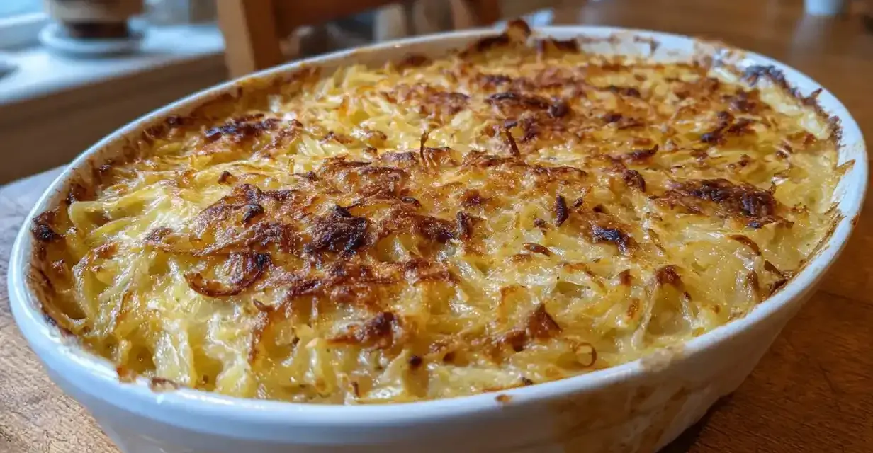 En gyllene Janssons frestelse i en vit ugnsform, redo att serveras. Ett klassiskt recept som doftar jul.