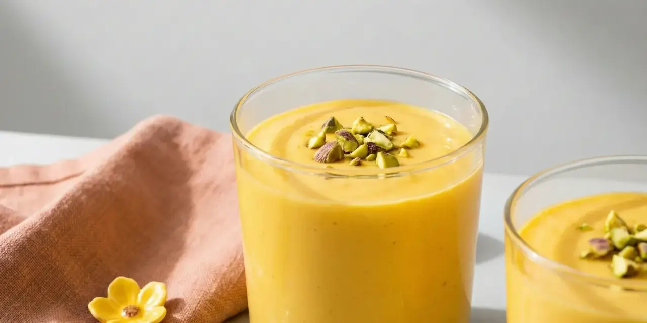 Två glas med krämig indisk yoghurtdryck, toppad med hackade pistagenötter. En rosa servett och små blomformade dekorationer ligger bredvid.