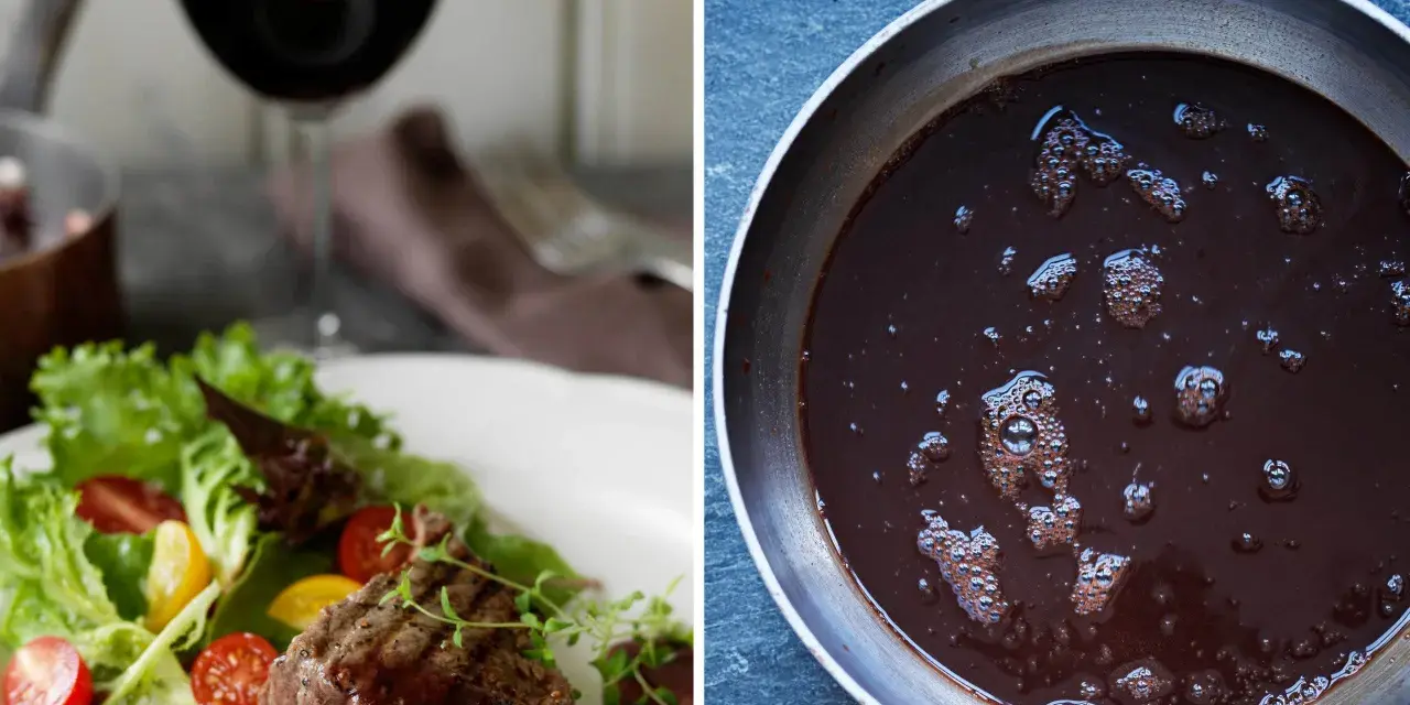 En saftig biff med rödvinssås och sallad. En annan panna visar en mörk sås som bubblar. Tänk om man kunde njuta av vin i maten när man är gravid!