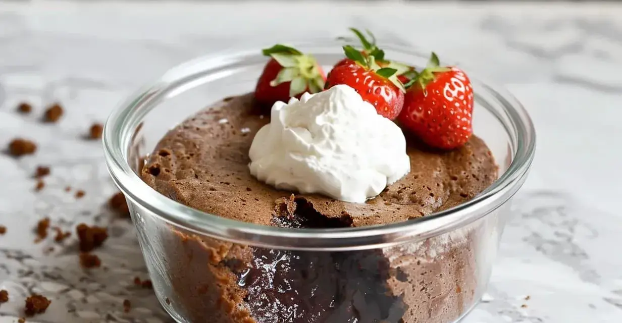 En kladdkaka i micro, perfekt för en snabb fikastund. Toppad med vispgrädde och färska jordgubbar.