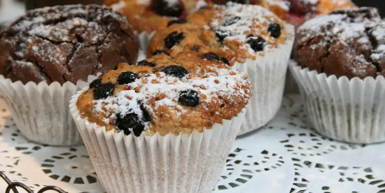 Fluffiga muffins med blåbär och choklad, pudrade med florsocker. Perfekt för ett enkelt muffins recept.