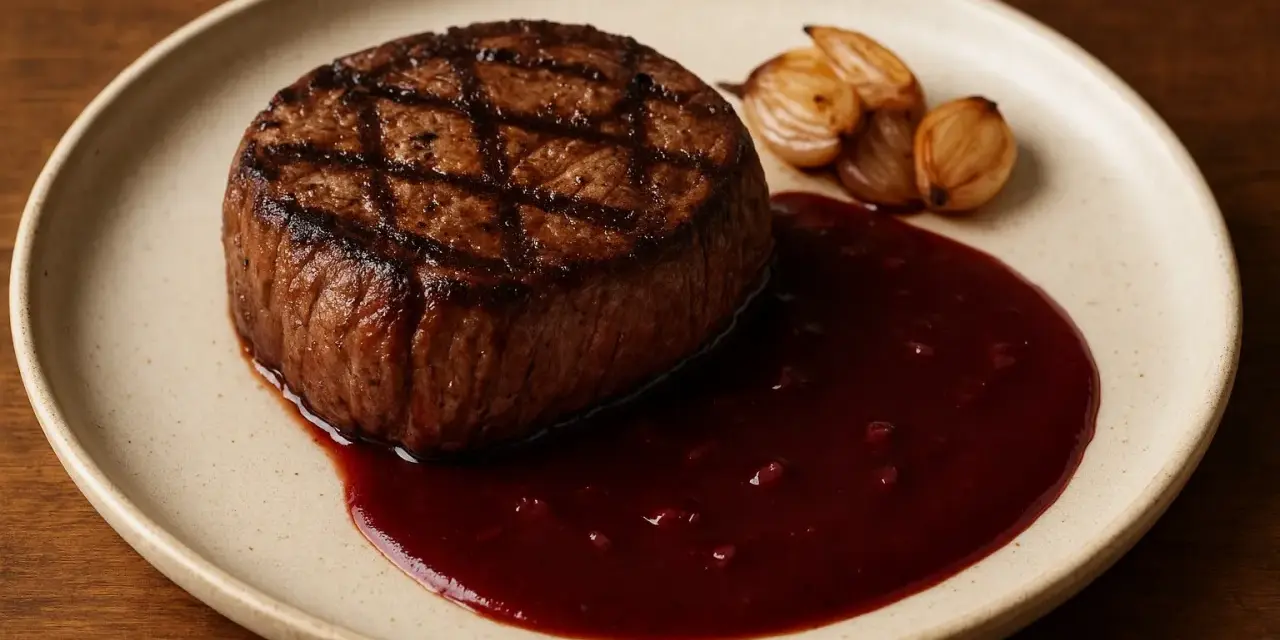 Grillad oxfilé med rödvinssås och rostade schalottenlökar. Ett perfekt oxfile recept för en lyxig middag.