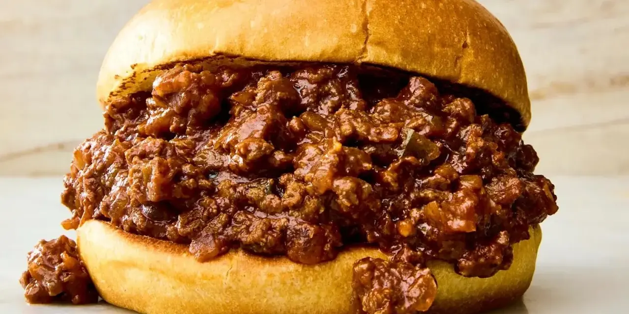En saftig sloppy joe med köttfärs och en mjuk bulle.