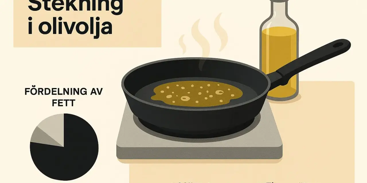 Stekning i olivolja. En stekpanna med bubblande olja och en flaska olivolja bredvid. Diagram visar fördelning av fett.
